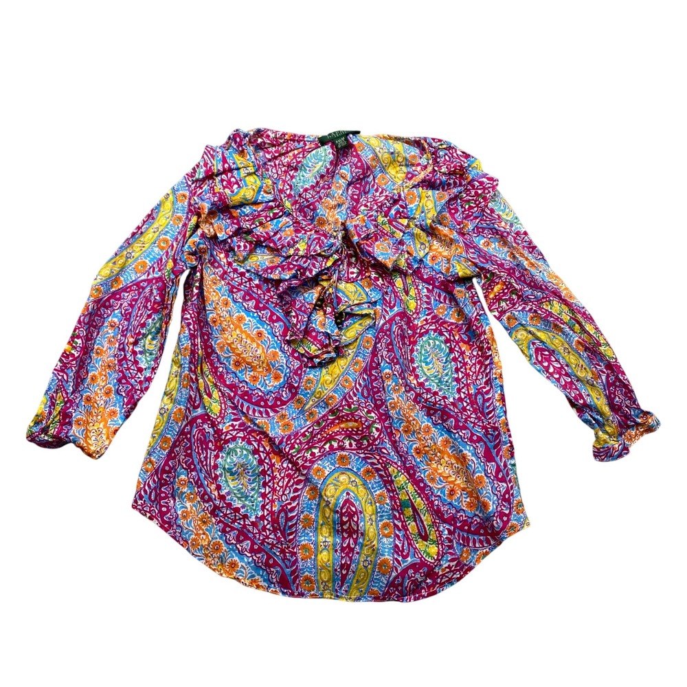Lauren Ralph Lauren Petite Floral Paisley Ruffle Neck Blouse Shirt M Boho Preppy
